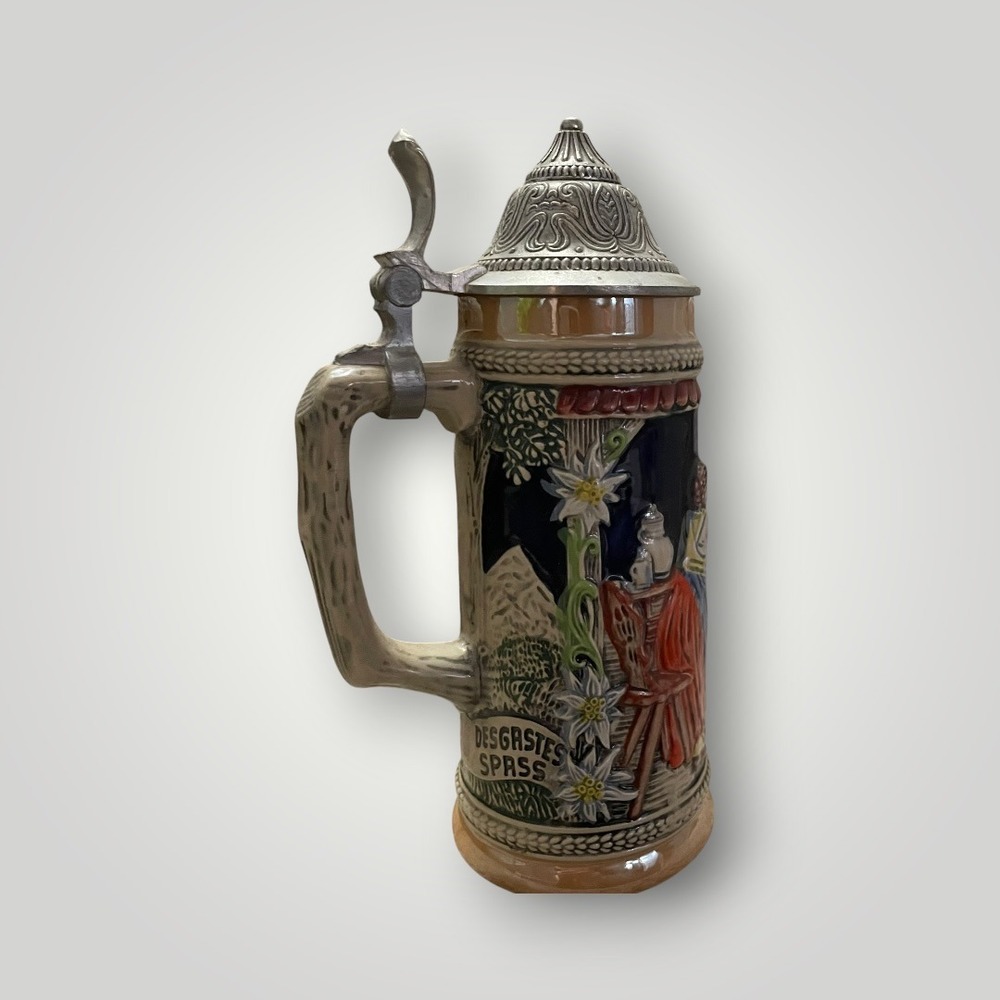 West Germany Beer Stein Vintage‎ Pewter Lid Tavern Scene Relief Bavaria Alpine